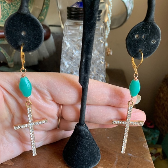 Handmade Crystal & Vint. Aqua Glass Bead Earrings - Picture 6 of 11